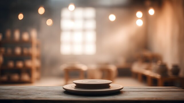 blurred image of a pottery class interior, with blurred silhouettes shaping clay on spinning wheels under warm spotlight. - Powered by Adobe
