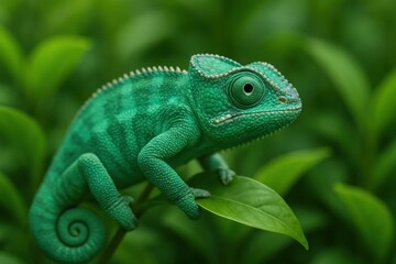 Fototapeta premium A vibrant green chameleon perches on a leafy backdrop, its gaze fixed intently on the viewer