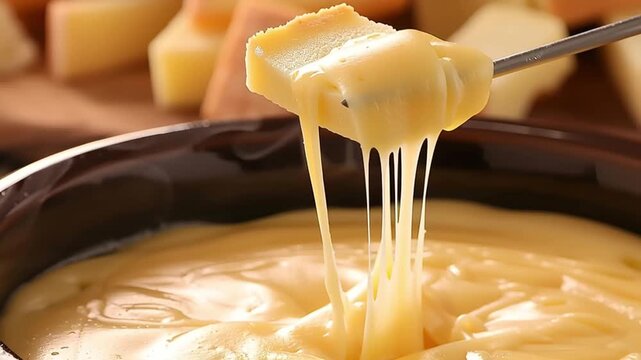 Melted cheese fondue with bread piece dipped in creamy, smooth, warm cheese creating perfect snack with gooey and inviting texture