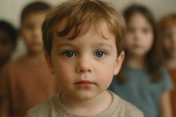 A young boy's gaze into the camera, surrounded by a soft blur of other children