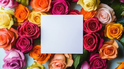 Colorful rose floral background with blank card