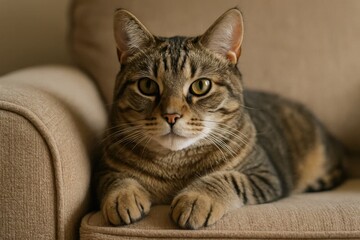 A tabby cat lounges on a beige couch, its gaze fixed directly at the camera, embodying the serene essence of domestic life