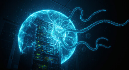 Futuristic artificial intelligence concept showing a server rack inside a glowing blue energy sphere with extending digital tendrils.