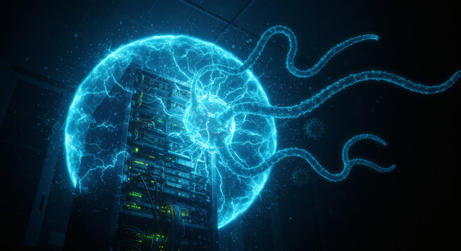 Futuristic artificial intelligence concept showing a server rack inside a glowing blue energy sphere with extending digital tendrils.