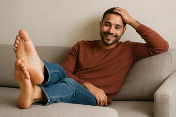 A man finds comfort in his barefoot repose on a cozy couch