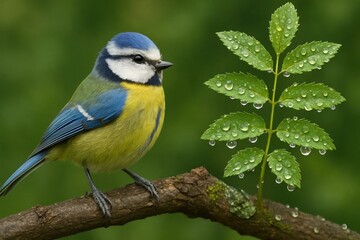 Fototapeta premium A serene moment captured as a bluebird perches on a damp leaf, surrounded by the tranquil embrace of nature