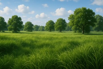 Obraz premium A serene meadow under a clear blue sky, dotted with fluffy white clouds, where nature's beauty is at its peak