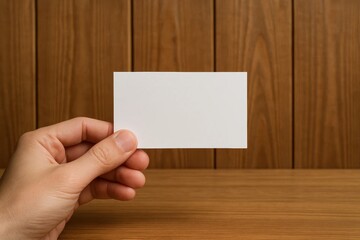 Obraz premium A hand holding a blank business card against a wooden backdrop