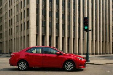 A red car is stopped at a green traffic light on a city street