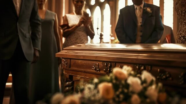 A somber scene of two people holding hands above a coffin, expressing their emotional bond and grief