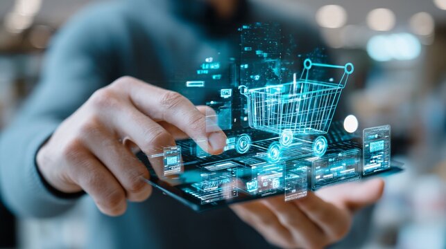 virtual screen displaying a stylized shopping cart icon, filled with abstract business documents and digital product representations, emphasizing B2B commerce and bulk purchasing on an internet 