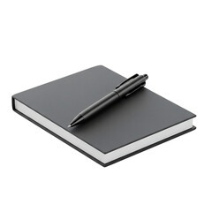 Elegant black notebook with stylish pen lying on top on transparent background