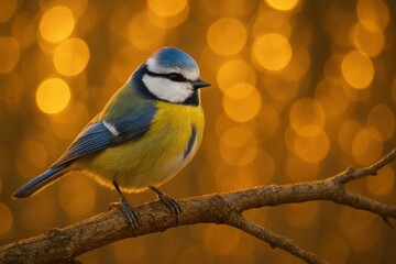 Fototapeta premium A solitary bluebird perches on a branch, its vibrant yellow belly contrasting with the warm hues of an autumnal backdrop