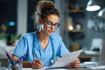 Beautiful nurse carefully examining financial healthcare forms, performing audit of medical bills and patient insurance claims, ensuring accurate coding and adherence to healthcare compliance standard