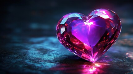 Beautiful pink crystal heart on a reflective surface showcasing intricate facets and vivid color, ideal for Valentine's Day or romantic themed designs and illustrations.