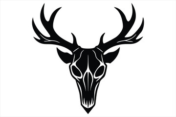 Detailed black silhouette of a deer skull with antlers isolated on white background