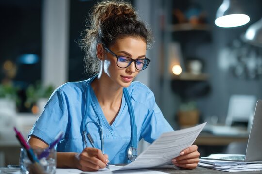Beautiful nurse carefully examining financial healthcare forms, performing audit of medical bills and patient insurance claims, ensuring accurate coding and adherence to healthcare compliance standard