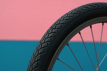 A solitary black bicycle wheel rests on a vibrant pink and blue backdrop, symbolizing motion amidst stillness