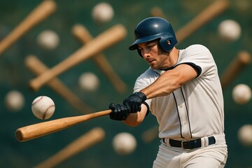 A baseball player in a white uniform swings his bat with determination, as the ball flies past him amidst a backdrop of wooden bats