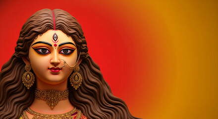 Hindu festival Durga puja goddess Durga mata face in the red and yellow gradient background