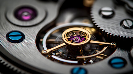 Close-up of a mechanical watch's intricate inner workings, showing gears, jewels, and screws.
