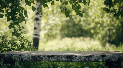 Obraz premium Empty wooden table with sunlight filtering through lush forest trees, Beautiful natural spring background with green