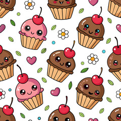 Seamless pattern with cute character chocolate cupcake with face and cherry. Vector designe for print, fabric, wallpaper, wrapping paper stock illustration