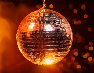 Obraz premium a high resolution close up color photograph showcasing a multifaceted disco ball illuminated by a warm vibrant orange light source