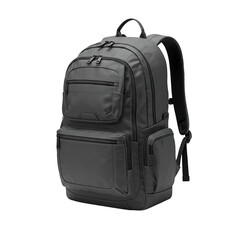 Stylish gray backpack with multiple pockets and zippers on transparent background