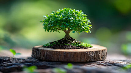 A small bonsai tree on a wooden base, outdoors.