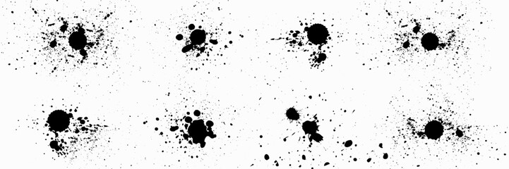 Ink drops and splashes. Different handdrawn spray design elements. Blotter spots, liquid paint drip drop splash and ink splatter. Blobs and spatters