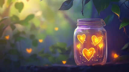 Enchanted glass jar glowing with hearts, creating a whimsical atmosphere under soft green foliage in a magical, serene forest setting during twilight.