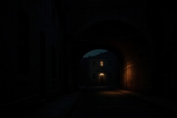 Obraz premium A solitary figure emerges from the shadows of a dimly lit alleyway, illuminated by the soft glow of an unseen light source