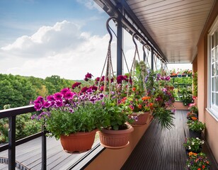 garden balcony adorned with hanging flowers potted plants and floral rail planters