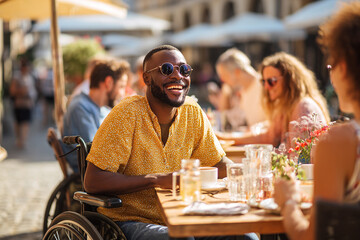 Man in wheelchair enjoys cafe, laughs with friends. Accessibility. Sunny, positive, lifestyle, design, advertising, inclusion, editorial.