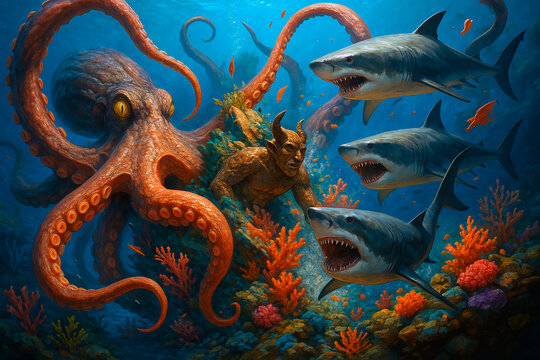 Kraken vs tiburones en arrecife: batalla submarina en caos fant&aacute;stico y realismo 3D
