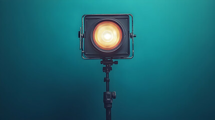 A film studio light on a stand against a teal background.