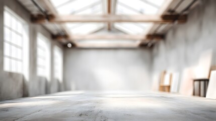 Fototapeta premium blurred image of an industrial-style art school workshop with concrete floors, exposed beams, and natural light pouring in from skylights. Raw and open creative space,