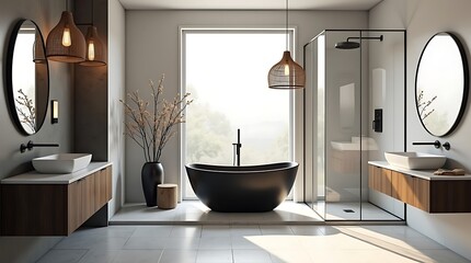Modern bathroom with black bathtub and dual sinks