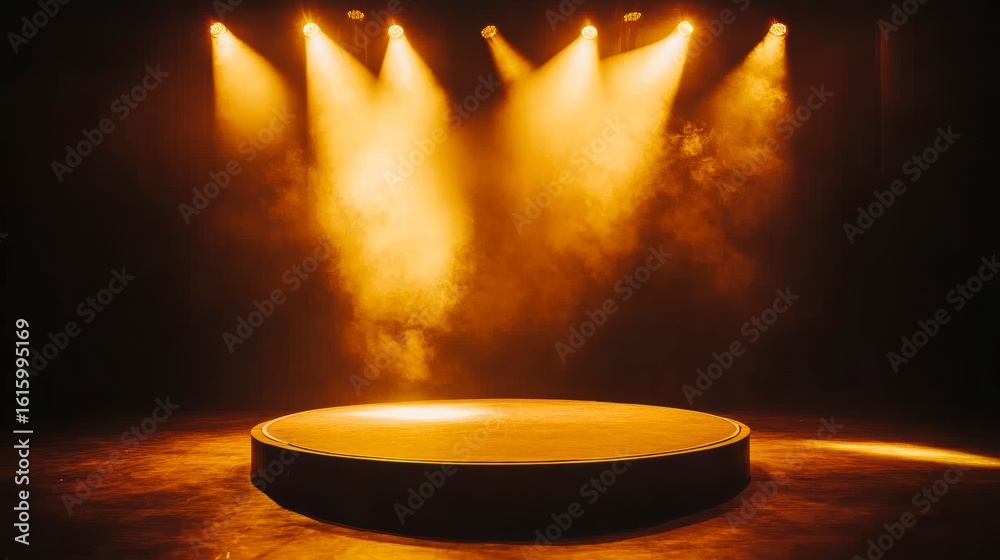 Canvas Prints illuminated round stage with spotlights and fog.