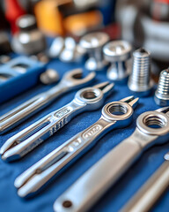 Fototapeta premium Close-up of several silver pipe wrenches on a blue surface.