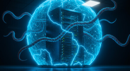 Futuristic data server protected by a glowing blue energy shield repelling a monstrous tentacle cyberattack.