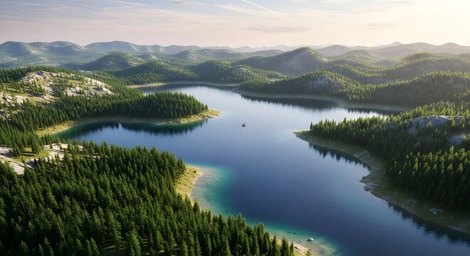 Serene blue lake surrounded by lush green pine forest hills - Powered by Adobe