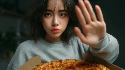 A woman in a casual setting rejects a box of pizza with an amusing gesture. This candid moment could be for social media sharing or just capturing a funny reaction to food photography.
