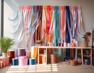 bright room with organized decoration ribbons creating a captivating atmosphere for creative projects
