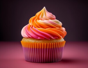 a cupcake topped with pink and orange stripes showcasing a vibrant and colorful frosting design