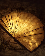 Wooden fan-shaped lamp illuminated, on a dark surface.
