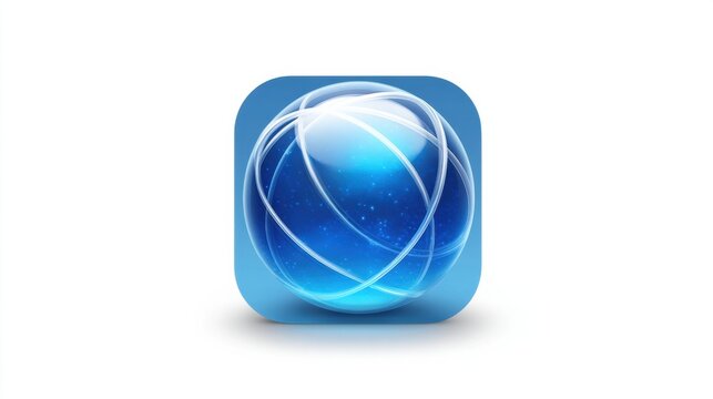 Blue skeuomorphic browser app icon, square with rounded corners, representing global network on white background