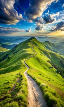 Photo of a winding dirt path leads up a lush green mountain under a dramatic sky with golden hour sunlight