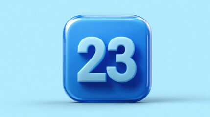 3D frosted glass calendar app icon with number 23, square with rounded corners, on pale blue background